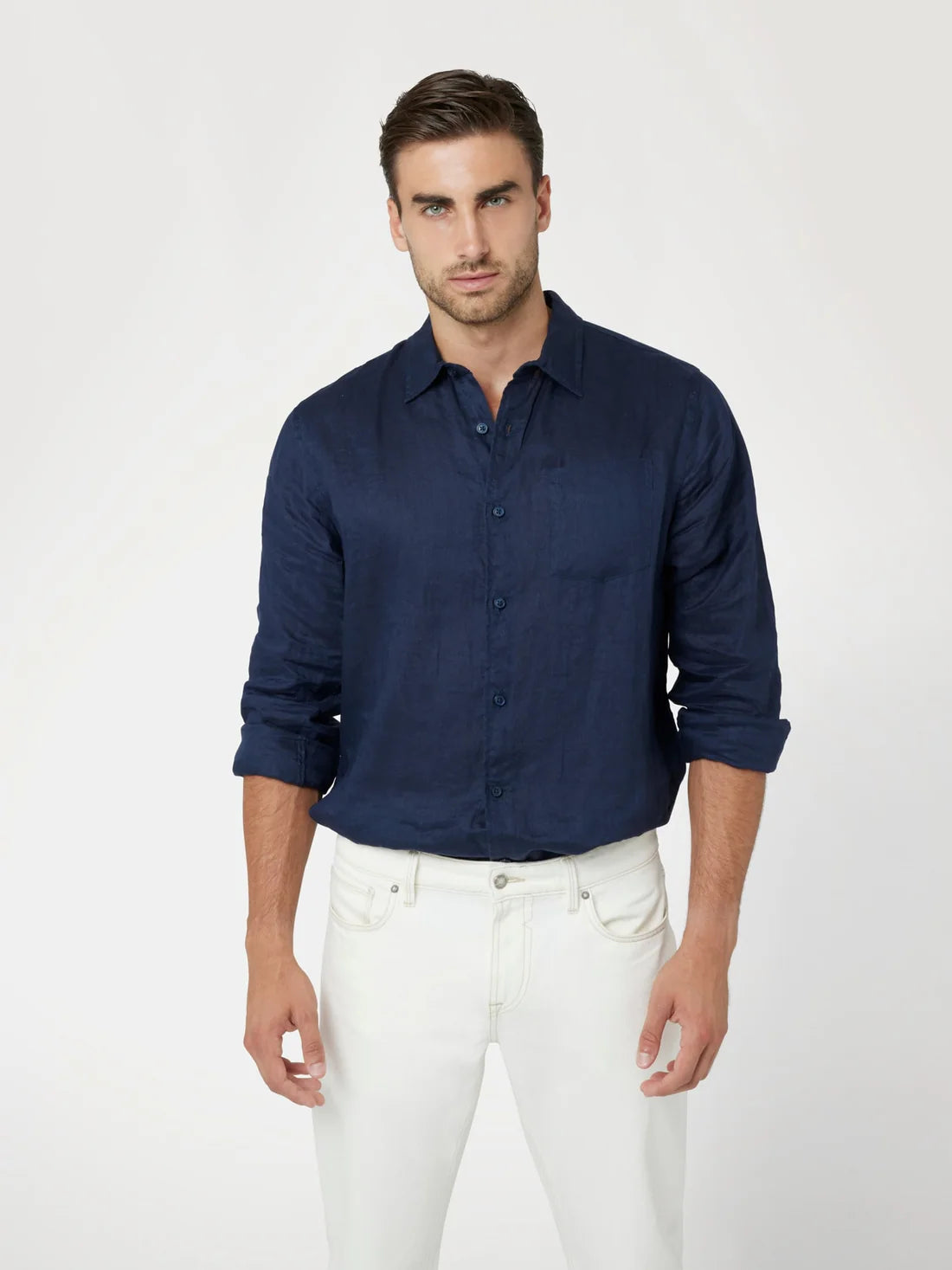 GUESS Island Linen Shirt - Мъжка Тъмносиня Ленена Риза