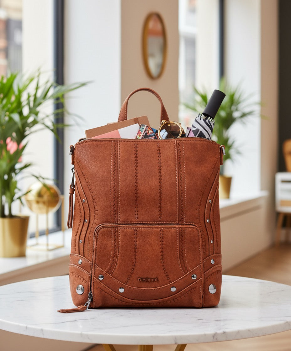 Desigual – Дамска раница в кафяво с декоративни шевове и метални детайли