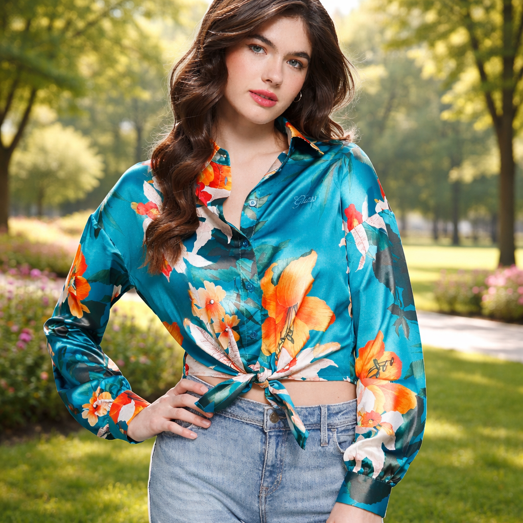 GUESS Bowed Jun Shirt – Дамска Сатенена Риза с Флорален Принт