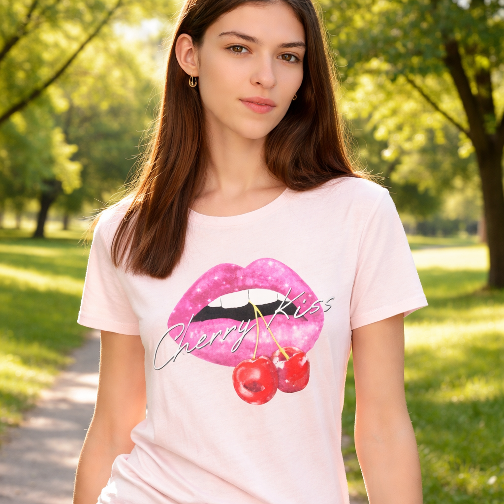 GUESS Cherry Kiss Tee – Дамска Тениска с Принт Устни и Череши