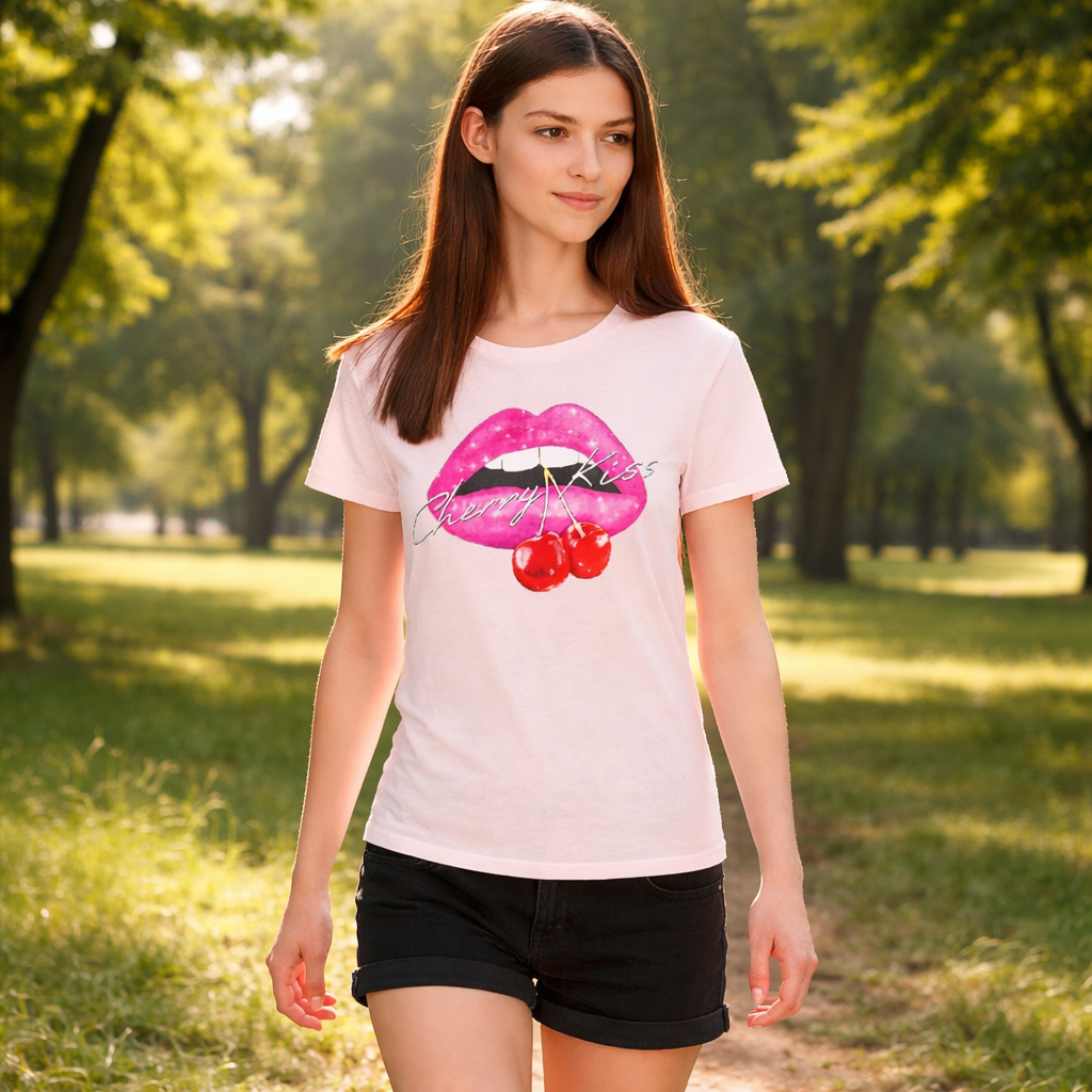 GUESS Cherry Kiss Tee – Дамска Тениска с Принт Устни и Череши