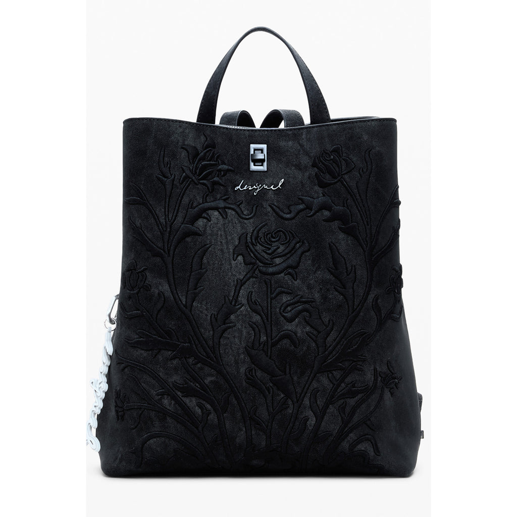 Desigual – Дамска раница в черно с флорални релефи