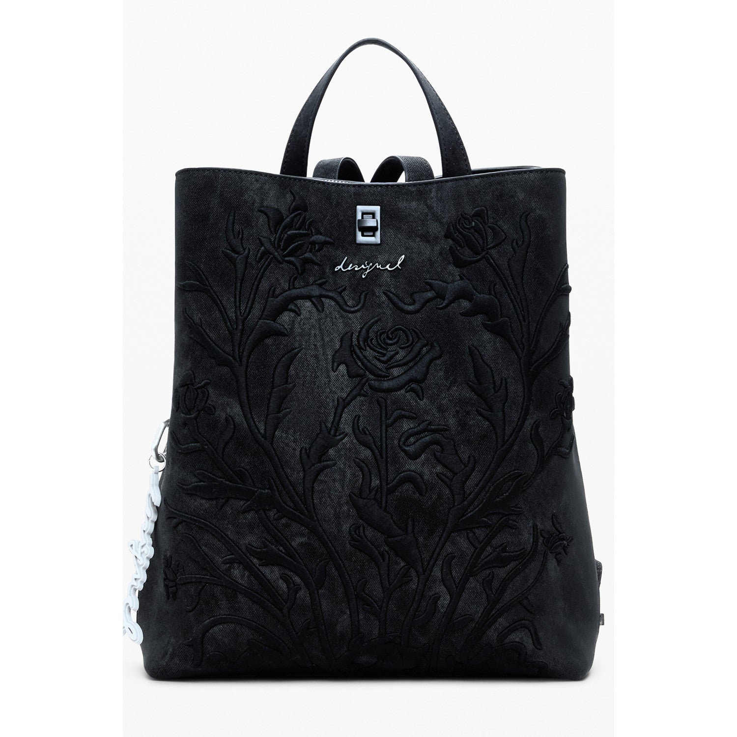 Desigual – Дамска раница в черно с флорални релефи