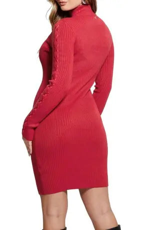Guess – Червена Плетена Рокля с Дълги Ръкави и Кръстосано Деколте