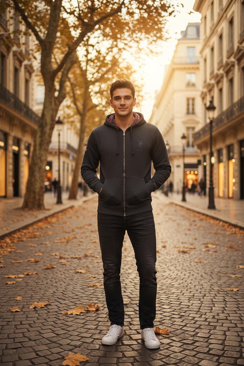 U.S. POLO – Мъжки черен суитшърт с цип и качулка