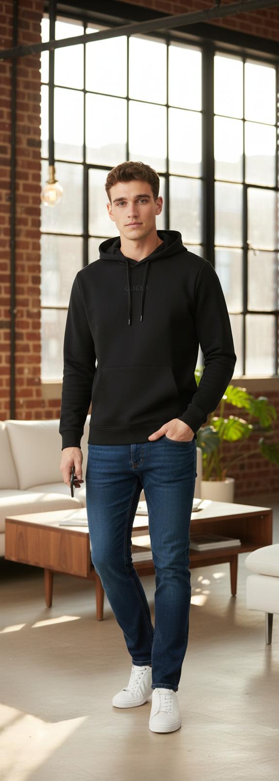 GUESS Jeans Мъжки суитшърт с качулка без цип – Черна