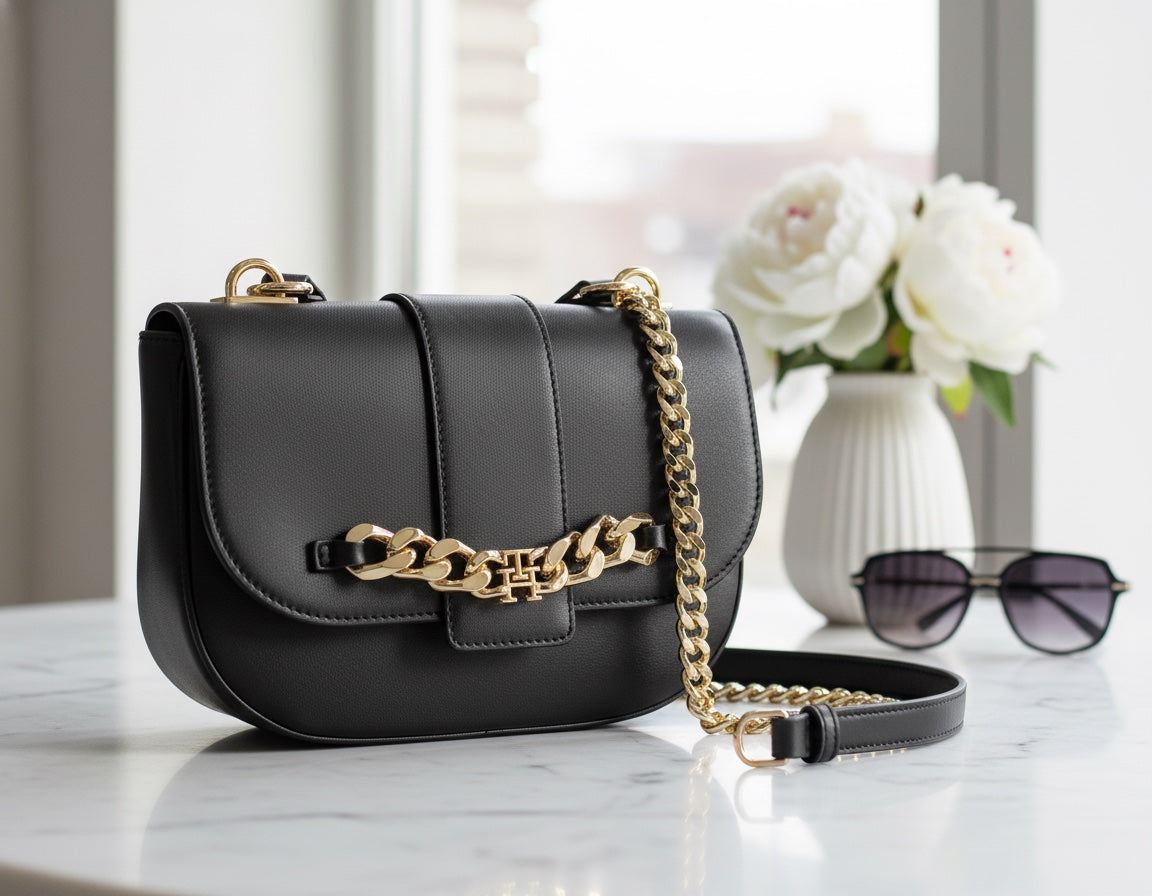 Tommy Hilfiger – Дамска Чанта в Черно с Златна Верижка