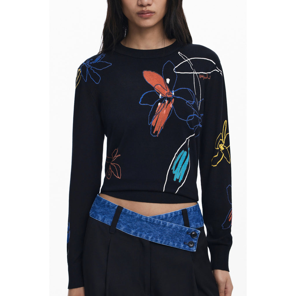 DESIGUAL – Дамска черна блуза с артистичен флорален дизайн