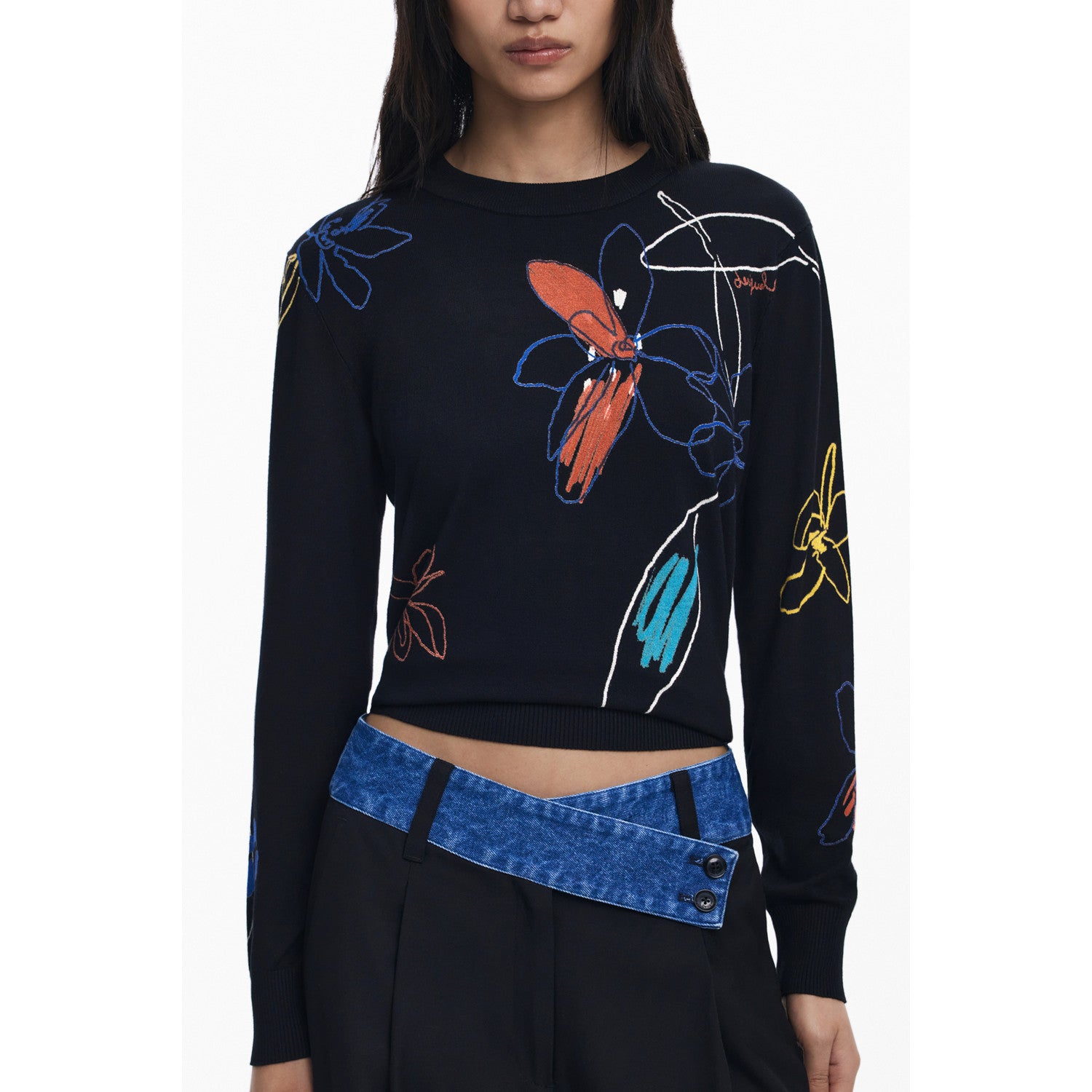 DESIGUAL – Дамска черна блуза с артистичен флорален дизайн
