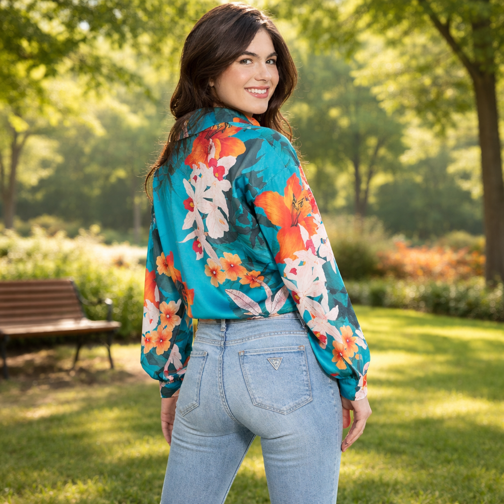 GUESS Bowed Jun Shirt – Дамска Сатенена Риза с Флорален Принт