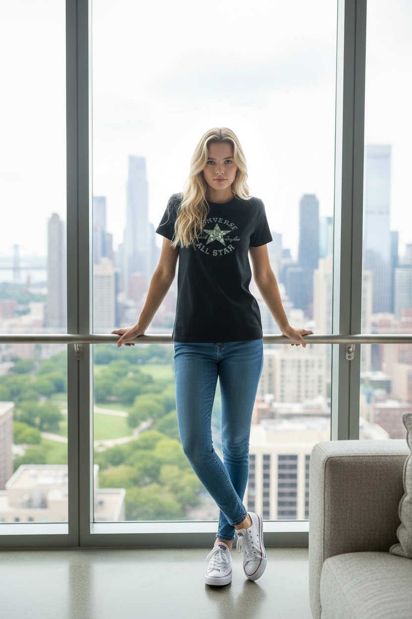 CONVERSE Дамска Тениска с Къс Ръкав - Черна