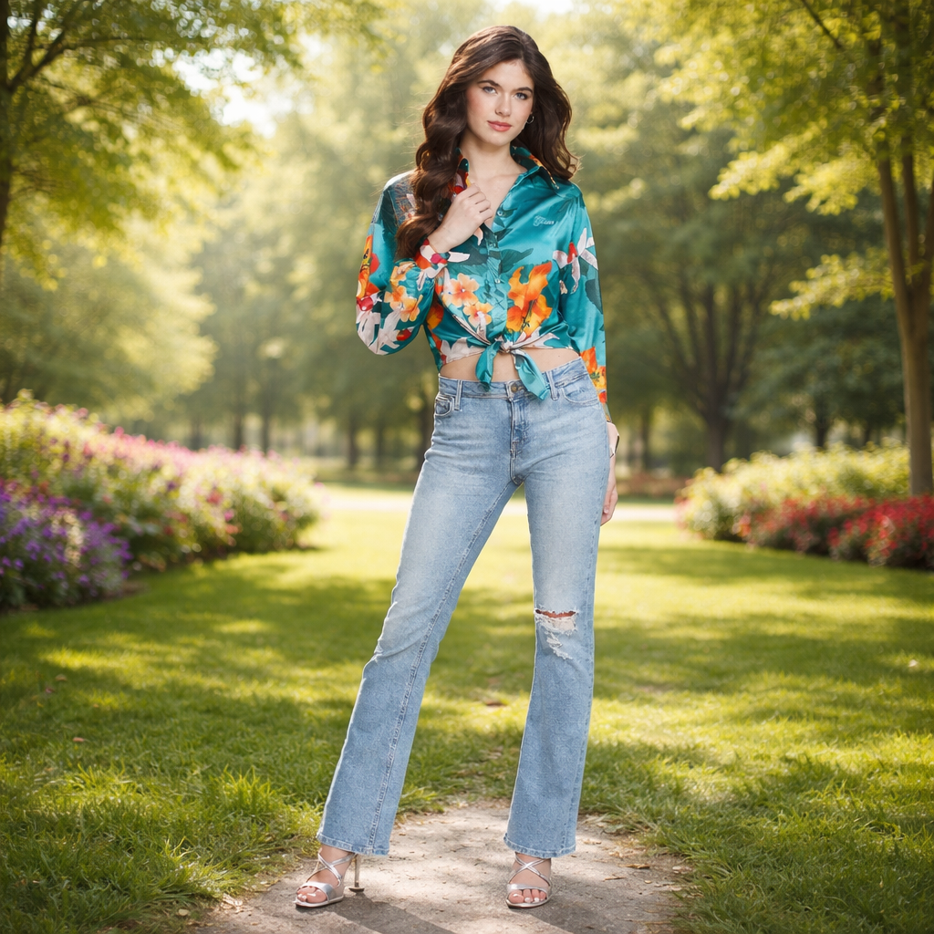 GUESS Bowed Jun Shirt – Дамска Сатенена Риза с Флорален Принт
