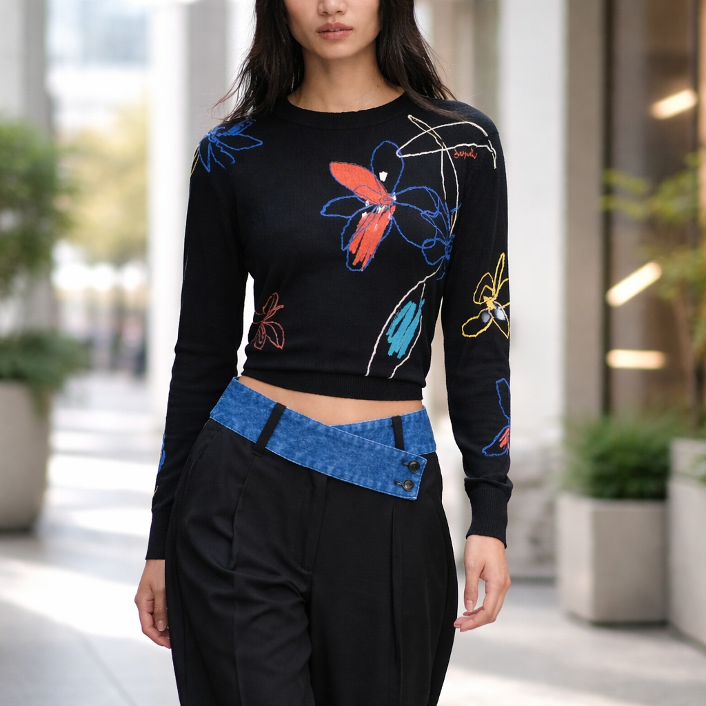 DESIGUAL – Дамска черна блуза с артистичен флорален дизайн