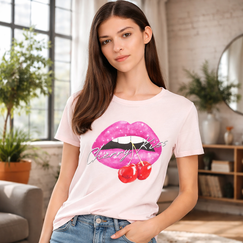 GUESS Cherry Kiss Tee – Дамска Тениска с Принт Устни и Череши