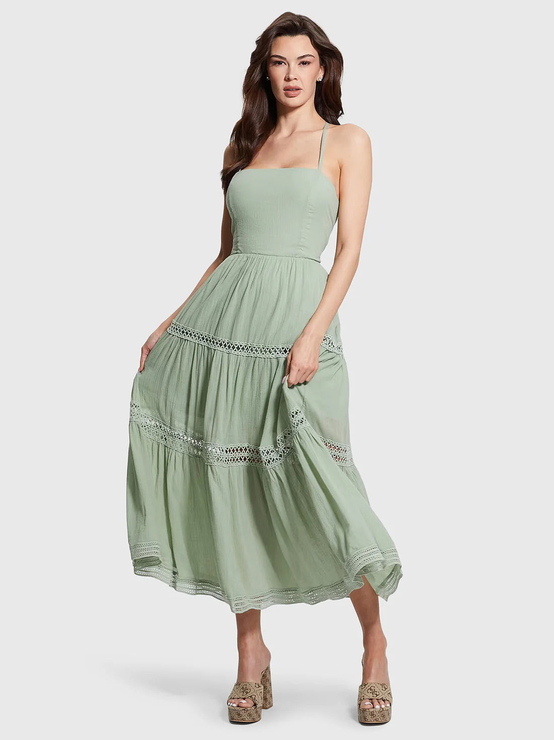 GUESS LACE UP LONG SAFA DRESS – Тъмнозелена Романтика, Свобода и Бохо Елегантност