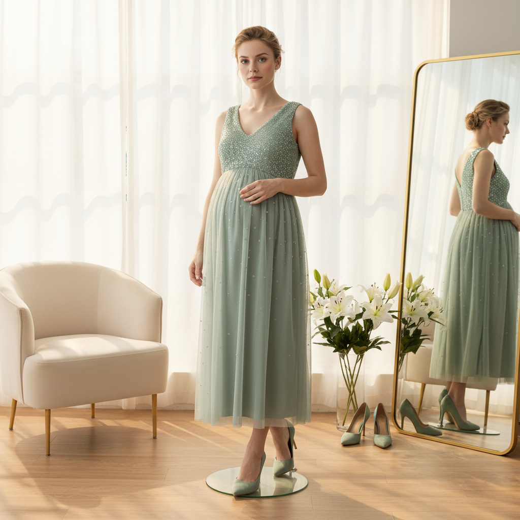 Maya Deluxe Maternity – Елегантна Зелена Рокля за Бременни с Пайети