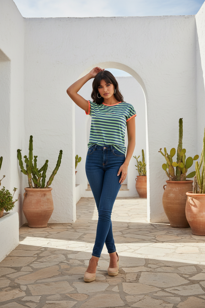 NORTH SAILS Дамска Тениска – Зелено-Синьо Райе с Коралови Акценти