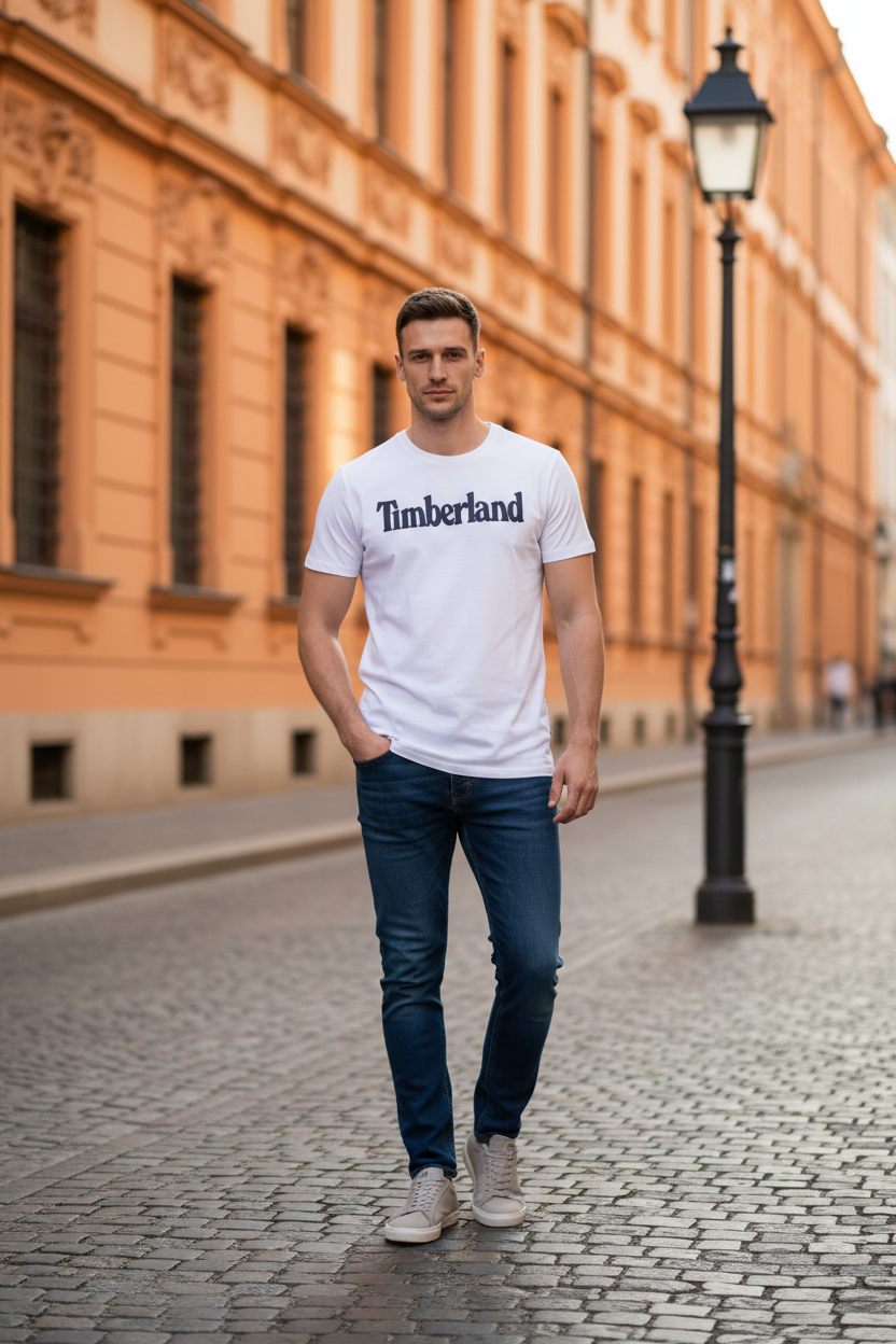 Timberland - Бяла Тениска с Къс Ръкав и Тъмносиньо Лого