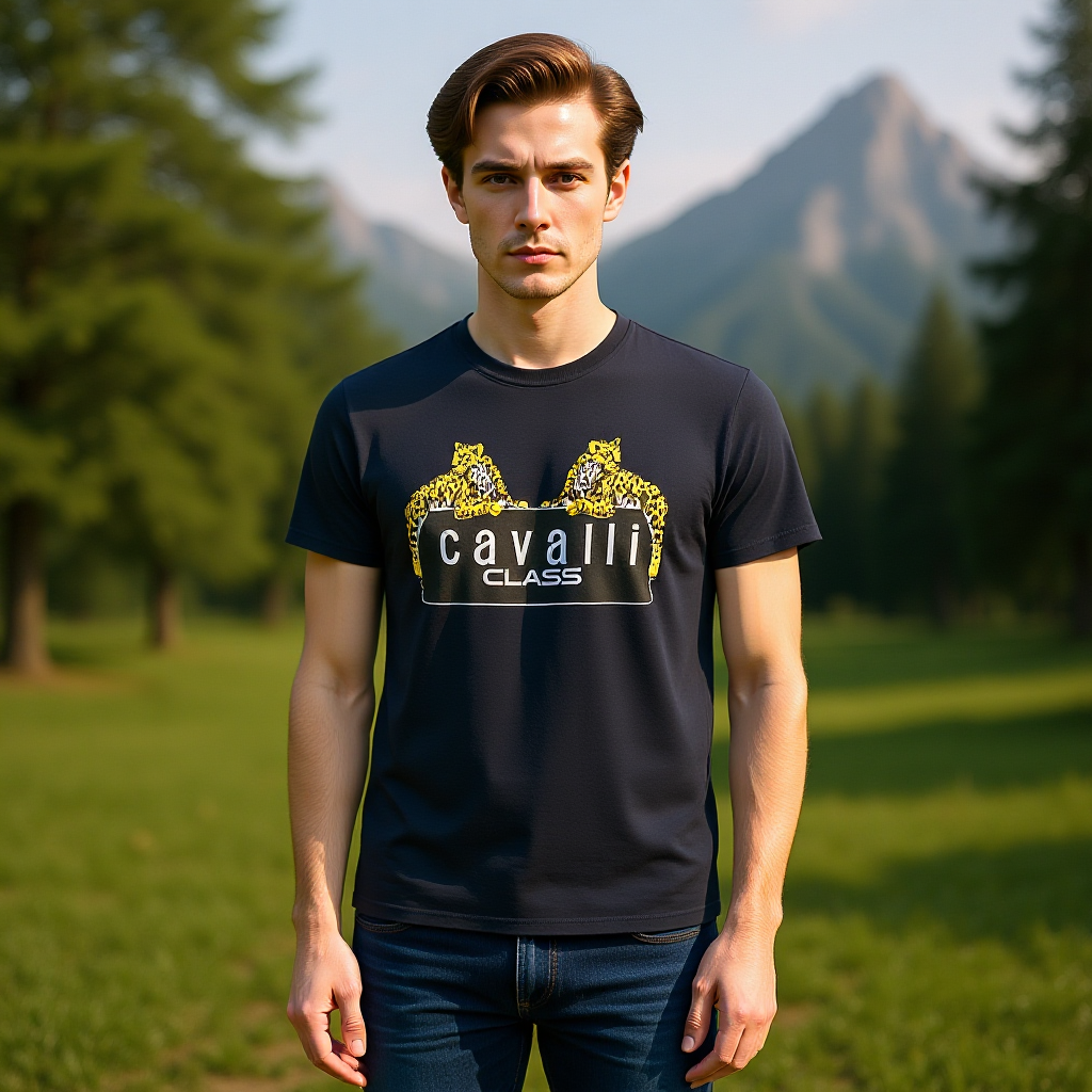 CAVALLI CLASS Мъжка Тениска – Тъмносиня с Леопарди и Лого