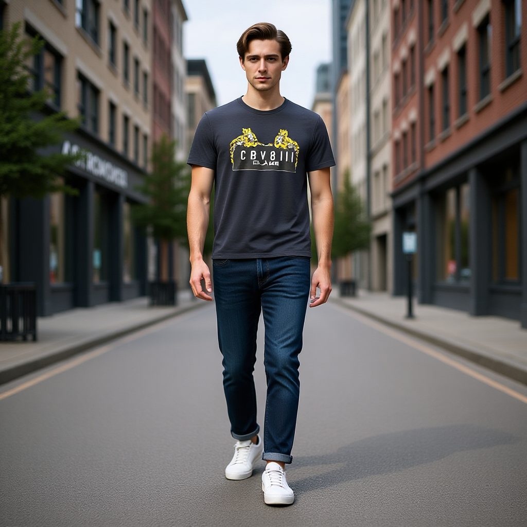 CAVALLI CLASS Мъжка Тениска – Тъмносиня с Леопарди и Лого