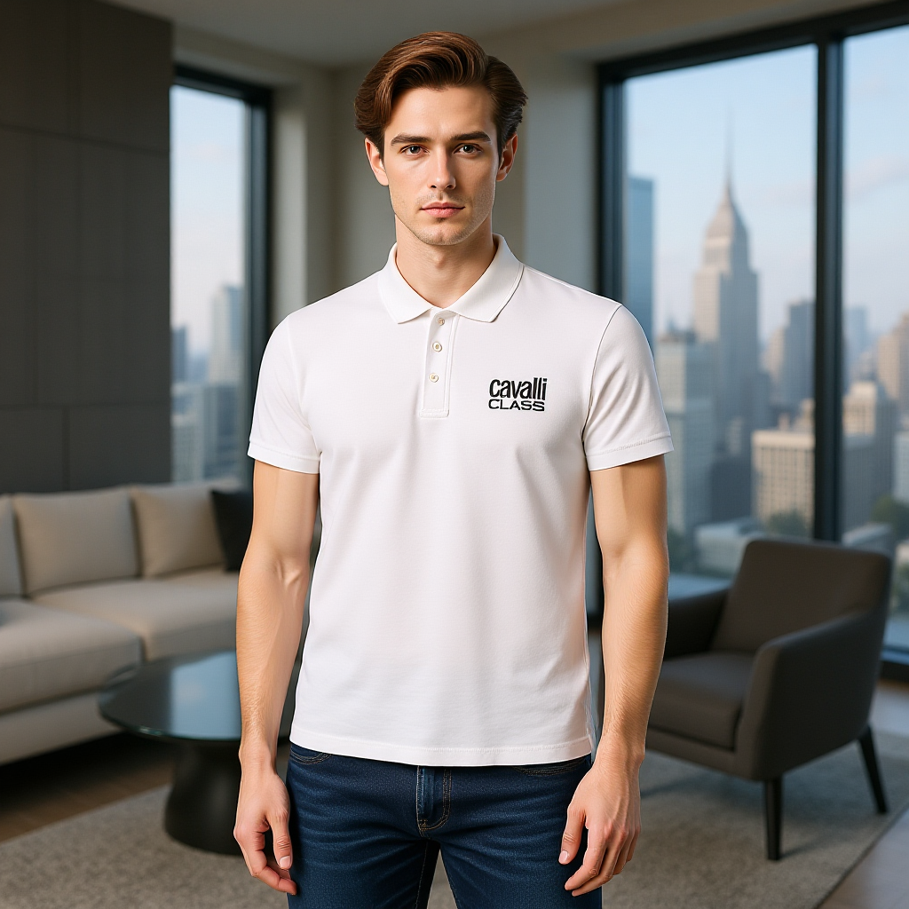 CAVALLI CLASS Мъжка Поло Тениска – Бяла с Черно Лого