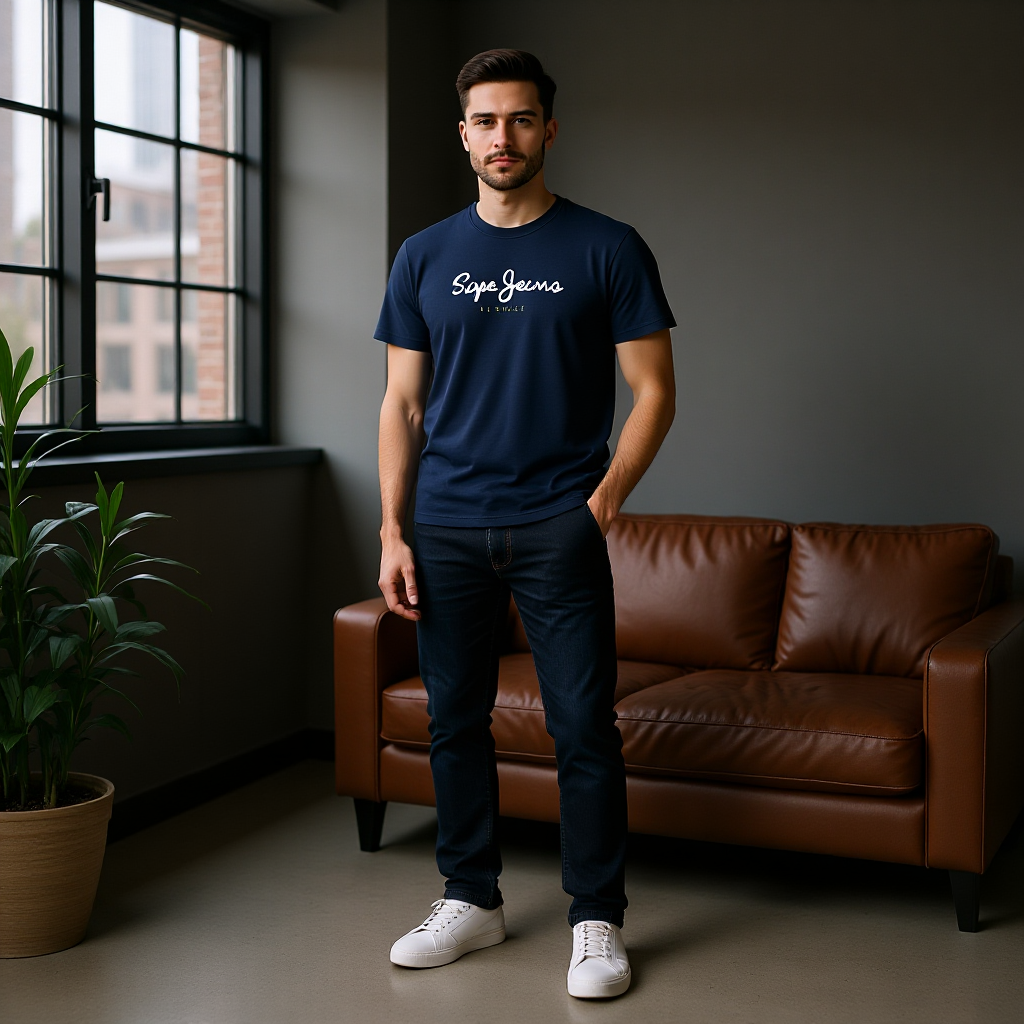 PEPE JEANS - Мъжка Тъмно Синя Тениска с Бяло Лого