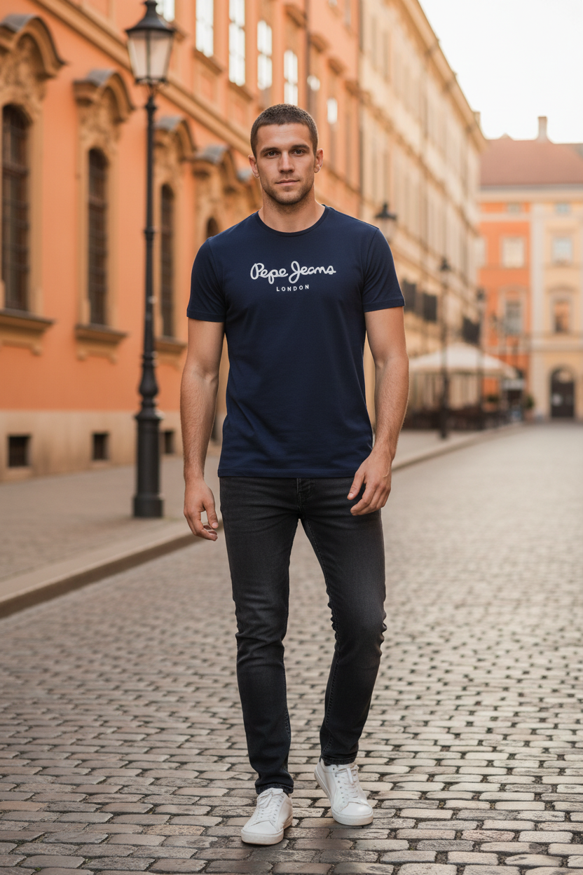 PEPE JEANS - Мъжка Тъмно Синя Тениска с Бяло Лого