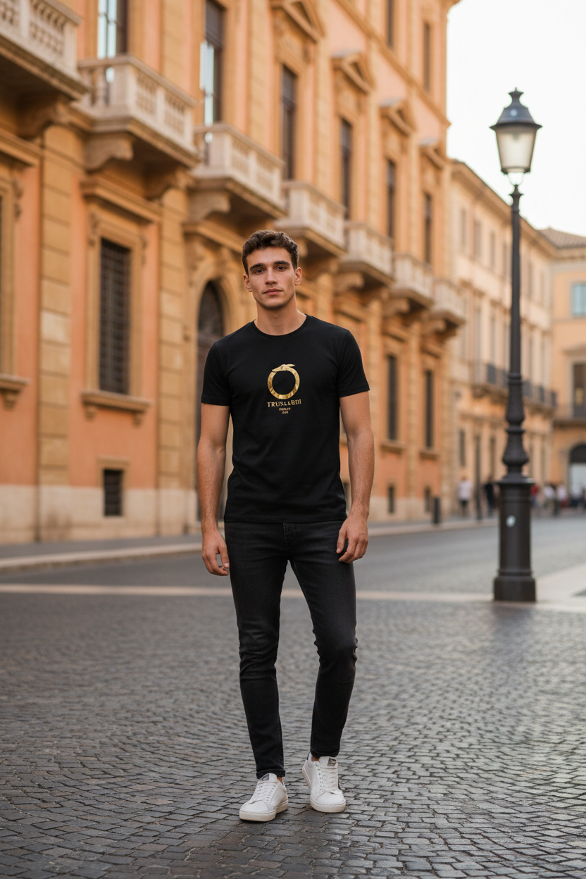 TRUSSARDI - Черна Мъжка Тениска със Златисто Лого “Milano 1911”