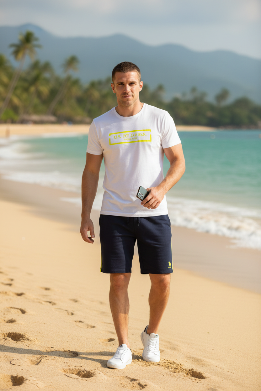U.S. POLO ASSN. - Мъжки Летен Комплект – Бяла Тениска с Тъмносини Къси Панталони "Kurt"