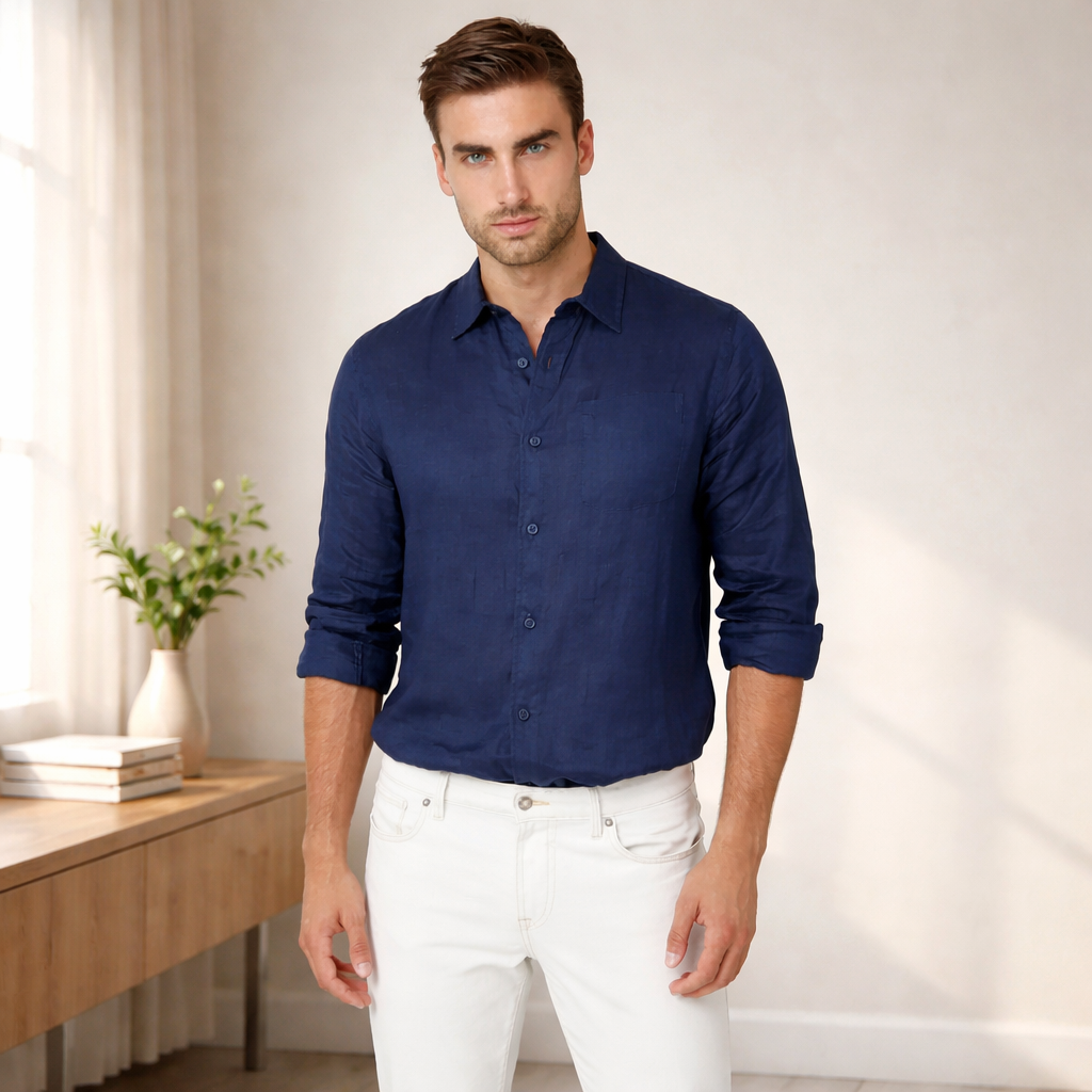 GUESS  Island Linen Shirt - Мъжка Тъмносиня Ленена Риза