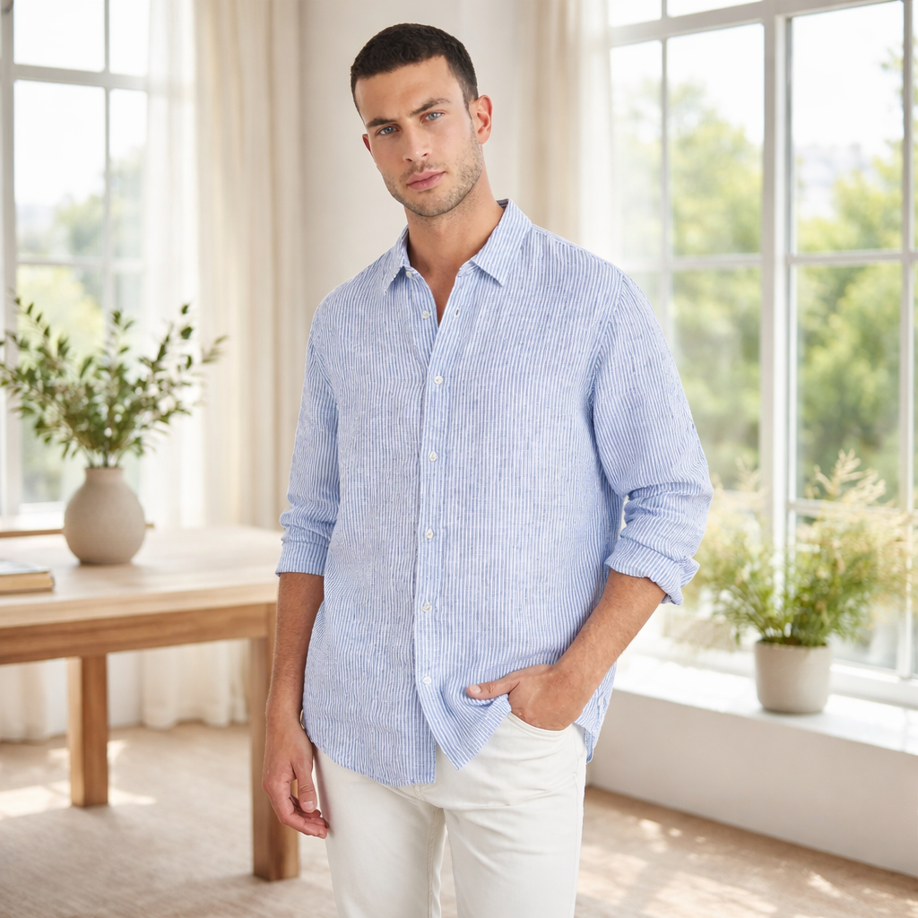 GUESS Nautical Stripe Linen Shirt – Мъжка Ленена Риза Синьо-Бяло Райе