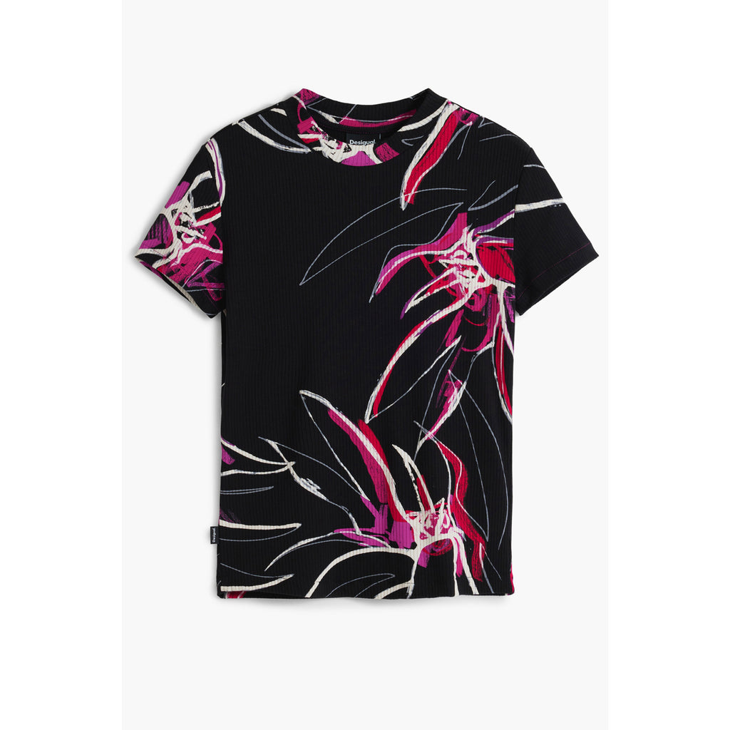 DESIGUAL -  Дамска Тениска с Къс Ръкав – Черна с артистичен флорален принт