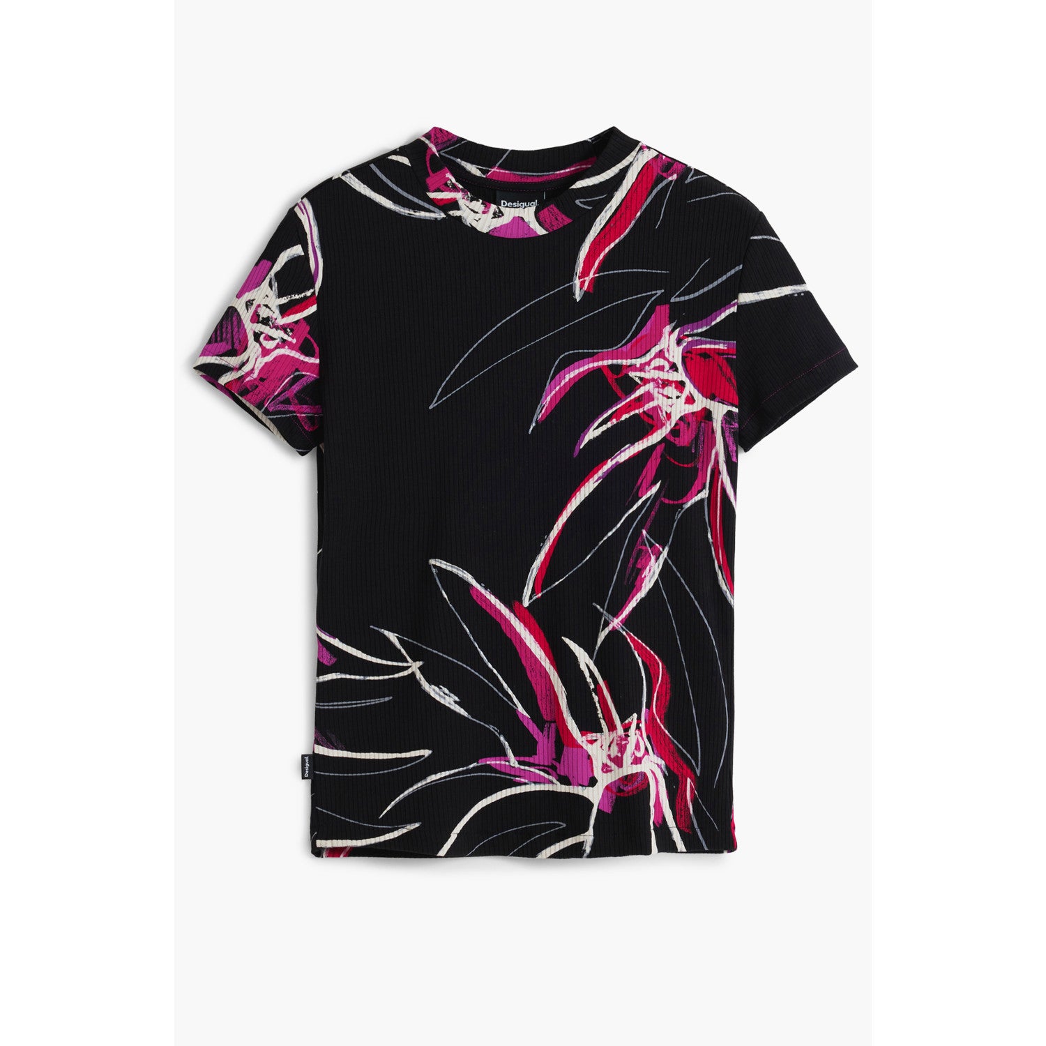 DESIGUAL -  Дамска Тениска с Къс Ръкав – Черна с артистичен флорален принт