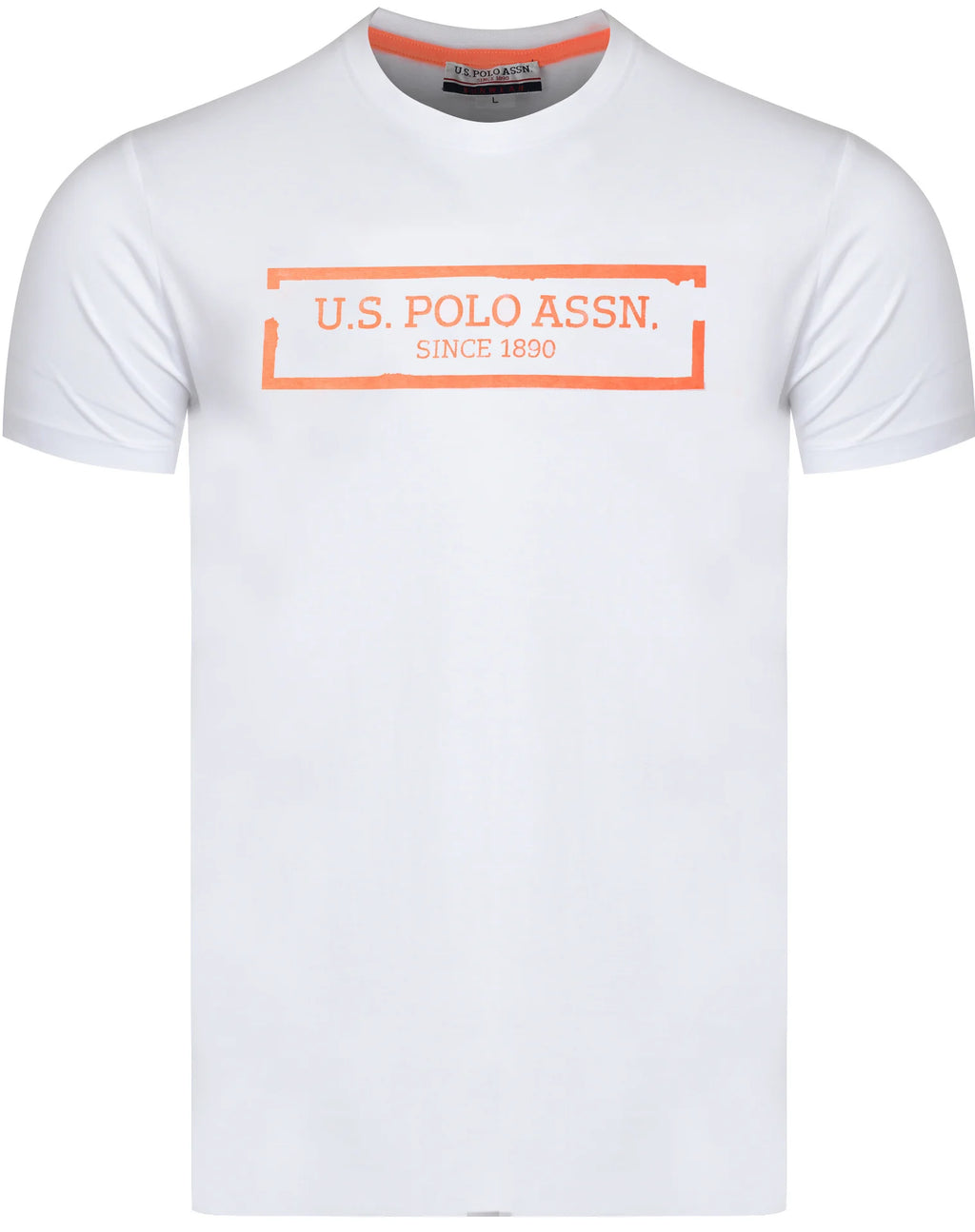 U.S. POLO ASSN. - Мъжки Летен Комплект – Бяла Тениска с Черни Къси Панталони "Kurt" Оранжев Дизайн