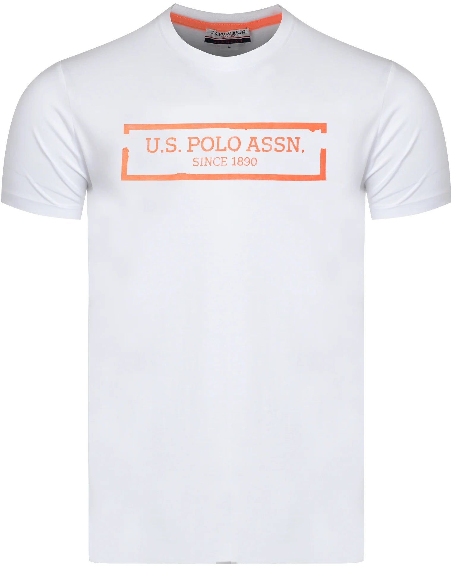 U.S. POLO ASSN. - Мъжки Летен Комплект – Бяла Тениска с Черни Къси Панталони "Kurt" Оранжев Дизайн