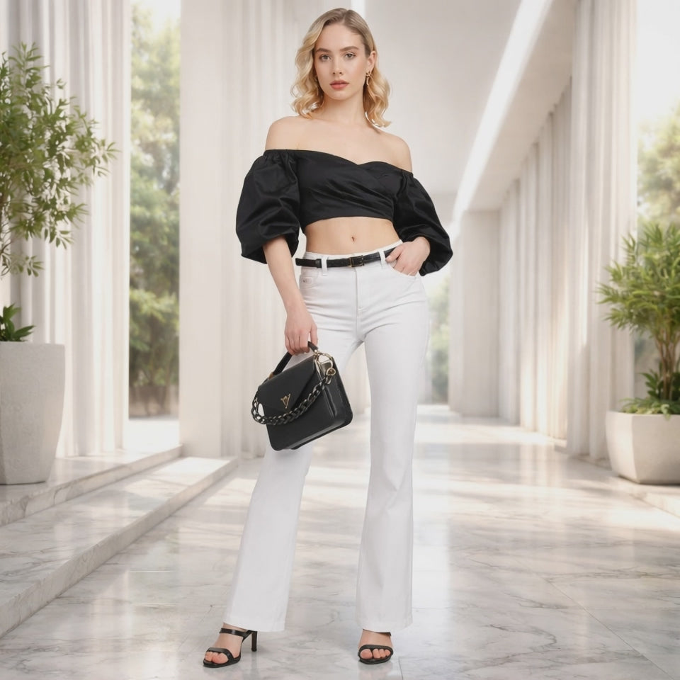 GUESS Off Shoulder Cropped Jun Shirt – Дамска Къса Блуза с Оголени Рамене