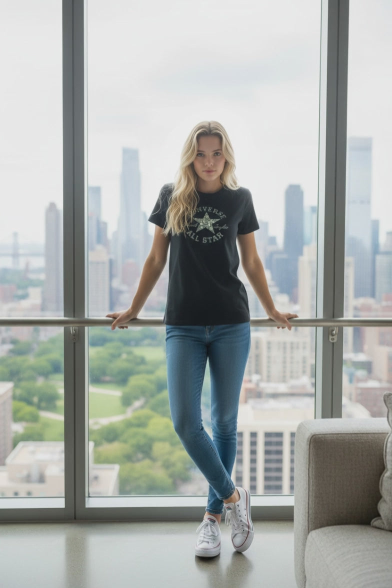 CONVERSE Дамска Тениска с Къс Ръкав - Черна