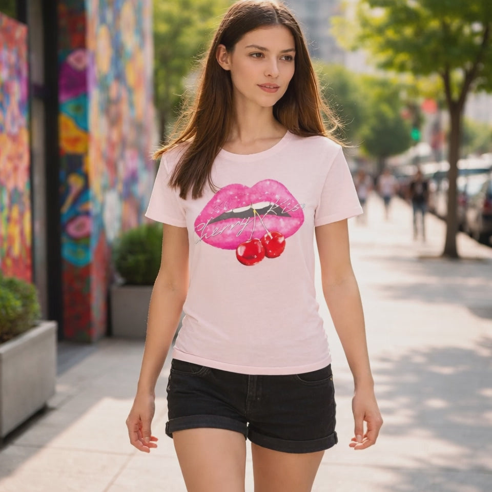 GUESS Cherry Kiss Tee – Дамска Тениска с Принт Устни и Череши