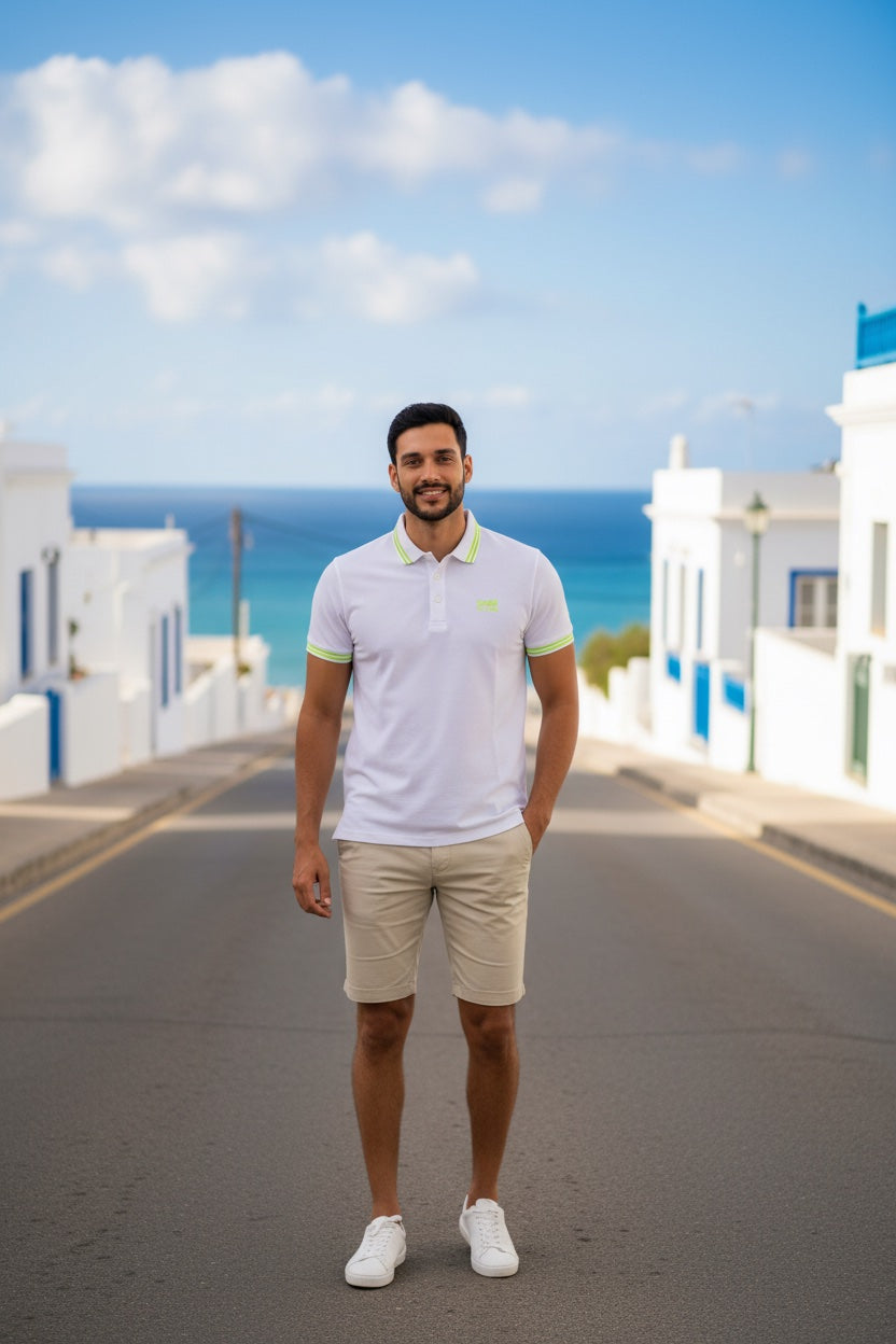 CAVALLI CLASS Мъжка Поло Тениска – Бяла със Зелени Акценти