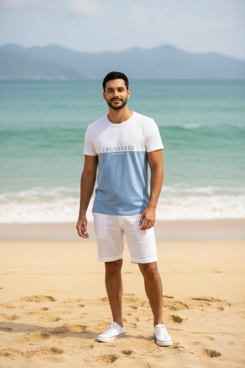 TRUSSARDI Мъжка Тениска с Къс Ръкав – Синьо-Бяла