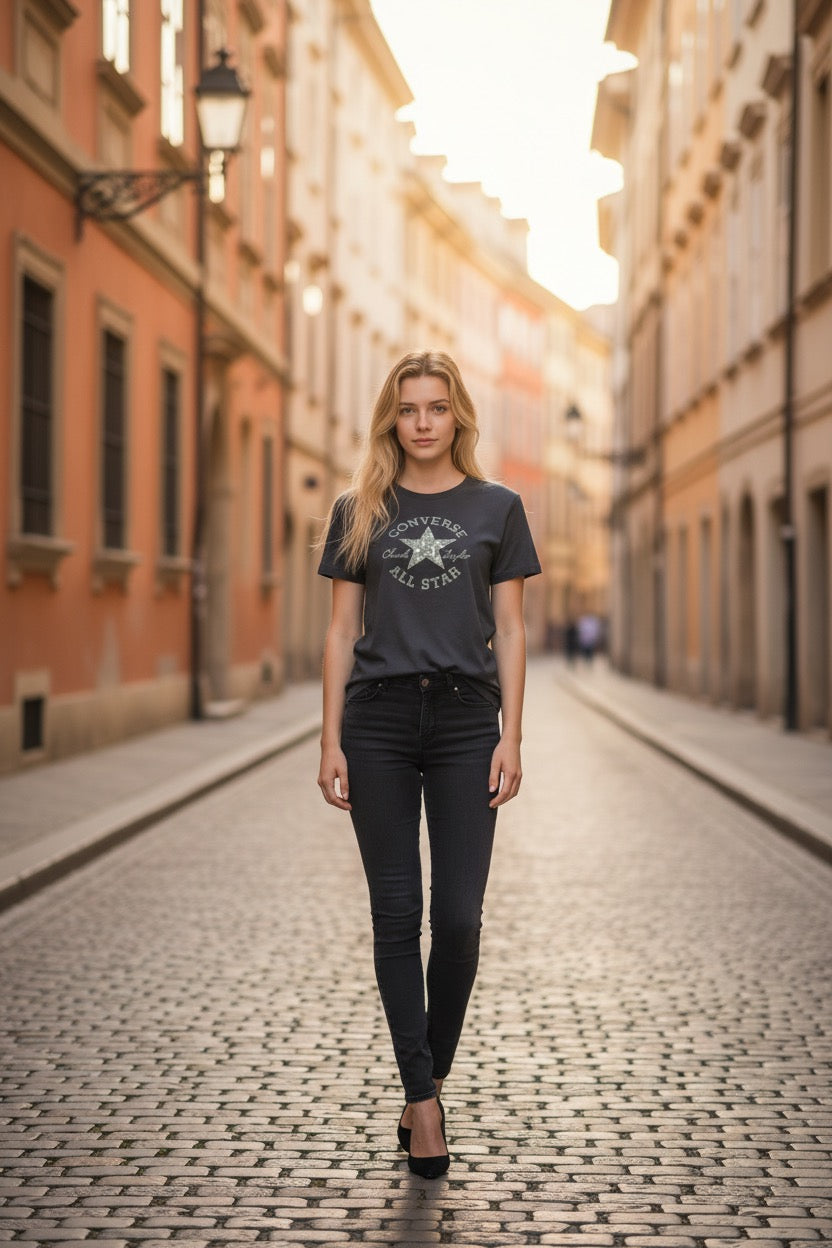 CONVERSE Дамска Тениска с Къс Ръкав - Черна